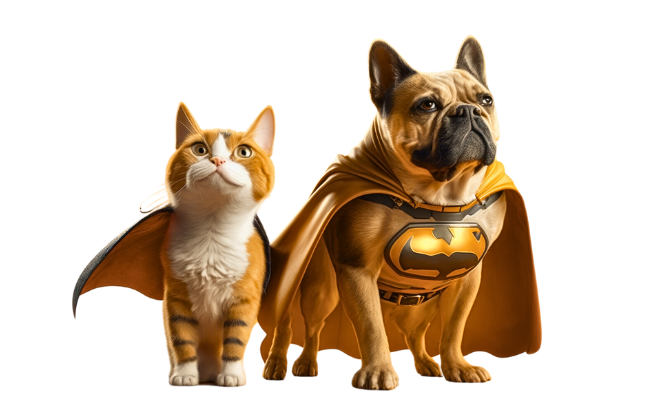 Cachorro e gato representados como super-heróis